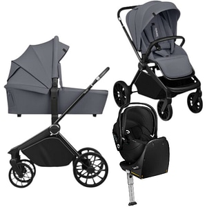 Carucior 4 in 1 Lionelo Mika Plus, Cu scoica auto Moxie Black Carbon cu baza rotativa 360, Reversibil, Cu accesorii, Pana la 22 kg, EN1888-1 EN1888-2 EN1466 ECE R129, Gri  