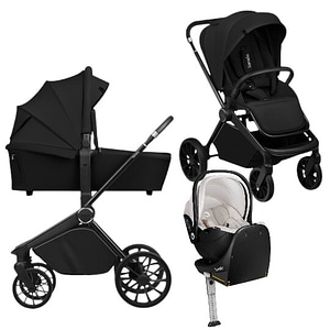 Carucior 4 in 1 Lionelo Mika Plus, Cu scoica auto Moxie Bej cu baza rotativa 360, Reversibil, Cu sistem de ventilatie 3D, Pana la 22 kg, EN1888-1 EN1888-2 EN1466 ECE R129, Negru