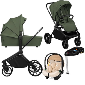 Carucior 4 in 1 Lionelo Mika Plus, Cu scoica auto Bej testata ADAC + Baza Isofix, Reversibil, Cu sistem de ventilatie 3D, Pana la 22 kg, EN1888-1 EN1888-2 EN1466 ECE R129, Verde