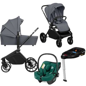 Carucior 4 in 1 Lionelo Mika Plus, Cu scoica auto Verde testata ADAC + Baza Isofix, Reversibil, Cu accesorii, Pana la 22 kg, EN1888-1 EN1888-2 EN1466 ECE R129, Gri