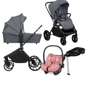 Carucior 4 in 1 Lionelo Mika Plus, Cu scoica auto Roz testata ADAC + Baza Isofix, Reversibil, Cu accesorii, Pana la 22 kg, EN1888-1 EN1888-2 EN1466 ECE R129, Gri 