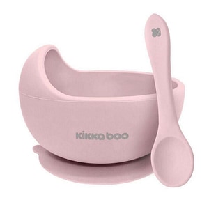 Set hranire KIKKABOO Yummy, 2 piese, Bol din silicon cu ventuza si lingurita, roz