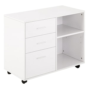 Mobilier pentru imprimanta birou 3 sertare 4 roti si rafturi deschise HomCom, 80x40x65cm, PAL, Alb