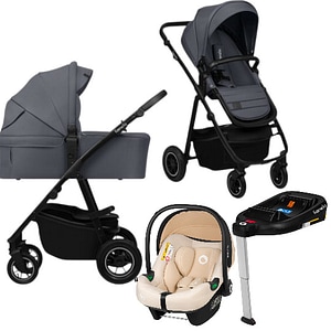 Carucior 4 in 1 Lionelo Amber Plus, Cu scoica auto Bej testata ADAC + Baza Isofix, Reversibil, Maner ajustabil, Pana la 22 kg, EN1888-1, EN1888-2, EN1466, ECE R129, Gri