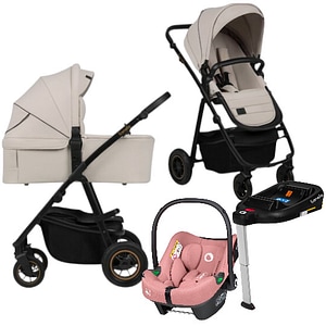 Carucior 4 in 1 Lionelo Amber Plus, Cu scoica auto Roz testata ADAC + Baza Isofix, Reversibil, Maner ajustabil, Pana la 22 kg, EN1888-1, EN1888-2, EN1466, ECE R129, Bej 