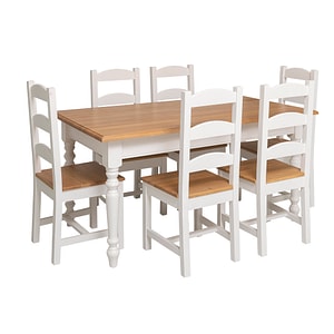 Masa de sufragerie, picioare strunjite 160x90cm, blat stejar+6x scaun blat stejar, culoare blat maro deschisP061, culoare picioare albP004, dublu color, 100% lemn masiv, 160x78x90