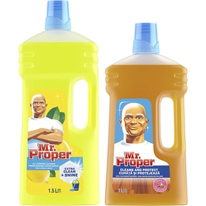 Pachet detergent universal pentru suprafete MR. PROPER, Lemon, 1.5l + Detergent pentru suprafete din lemn MR. PROPER, 1l
