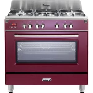 Aragaz profesional DELONGHI MEM 965 RX ED RO, 5 arzatoare, Gaz + Electric, L 90 cm, Grill, rosu bordeaux