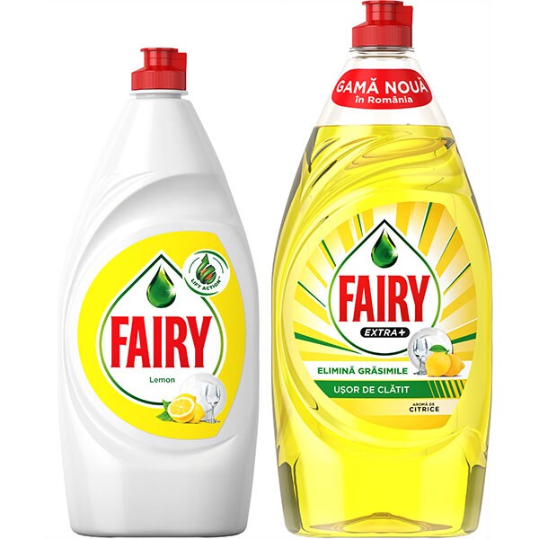Pachet Detergent de vase FAIRY Lemon, 800 ml + Detergent de vase FAIRY Extra+ Citrice 900 ml