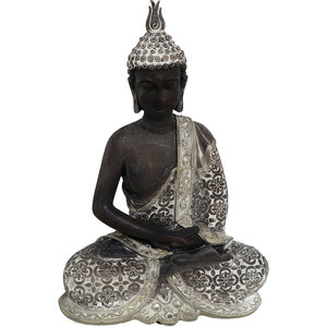 Statueta decorativa Buddha, rasina, 11 x 20 x 28 cm, argintiu