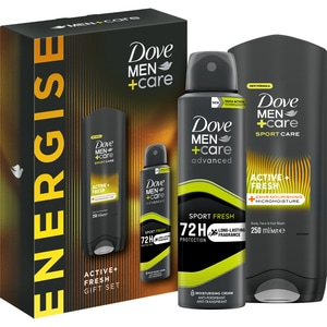 Set ingrijire corp DOVE Men+Care Active Fresh: Gel de dus, 250ml + Deodorant spray, 150ml