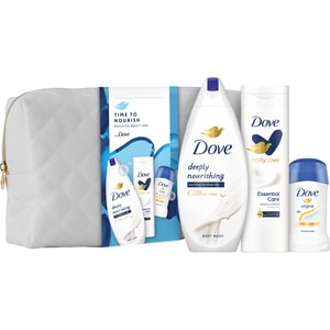 Set ingrijire corp DOVE: Gel de dus Deeply Nourishing, 250ml + Deodorant stick Original, 50ml + Lotiune de corp Essential Care, 250ml + geanta