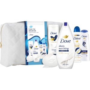 Set ingrijire corp DOVE: Gel de dus Deeply Nourishing, 250ml + Deodorant spray Original, 150ml + Lotiune de corp Essential Care, 250ml + Sapun Original, 90g + Sampon Intensive Repair, 250ml + geanta cadou