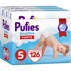Scutece chilotel PUFIES Sensitive Junior nr 5, Unisex, 12-18 kg, 126 buc