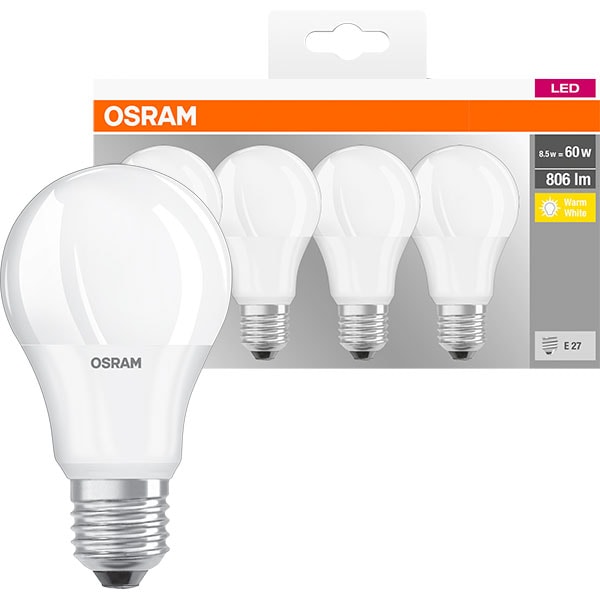 Set 4 becuri LED OSRAM 4058075819450, E27, 8.5W, lumina calda