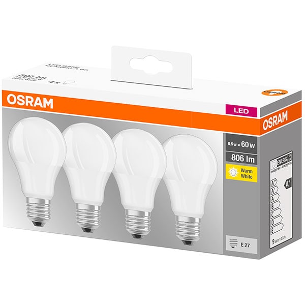 Set 4 becuri LED OSRAM 4058075819450, E27, 8.5W, lumina calda