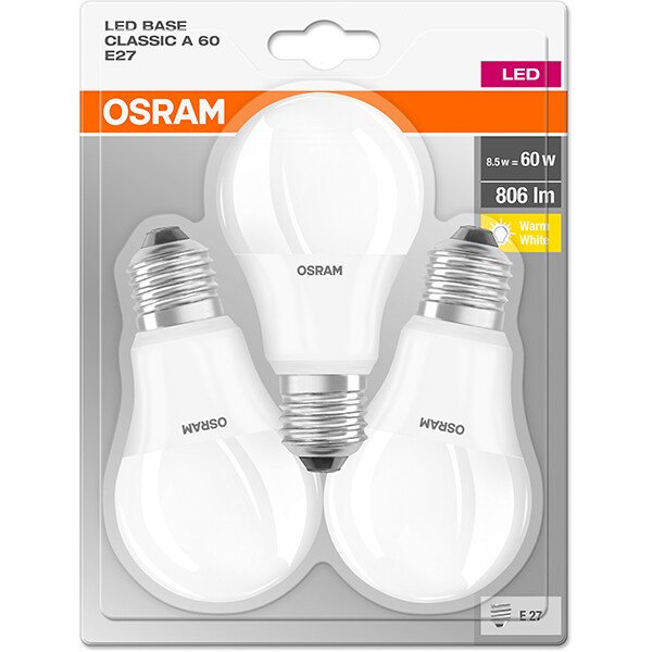 Set 3 becuri LED OSRAM 4052899972476, E27, 9W, lumina calda