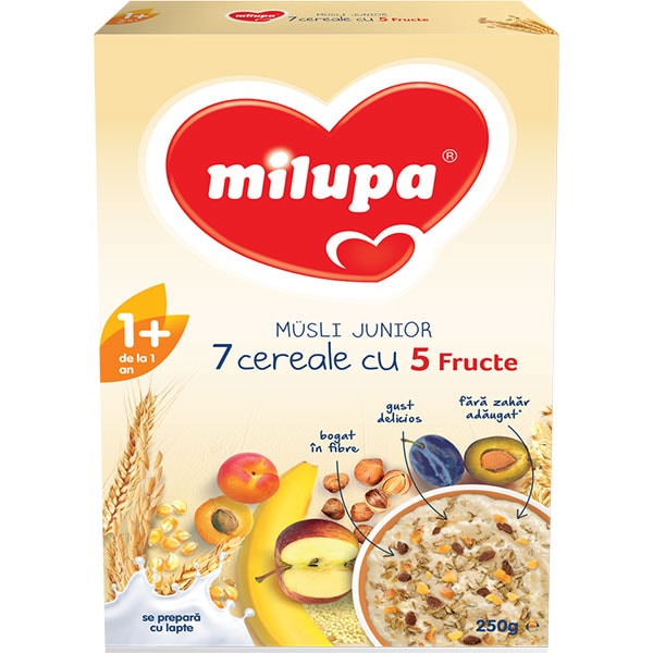 Cereale MILUPA Musli Junior 7 cereale cu 5 fructe 542121, 12 luni+, 250g
