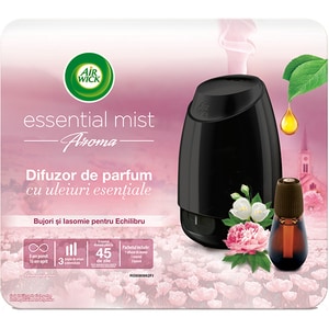 Difuzor de parfum AIR WICK Essential Mist negru cu Bujori si Iasomnie, 20 ml 