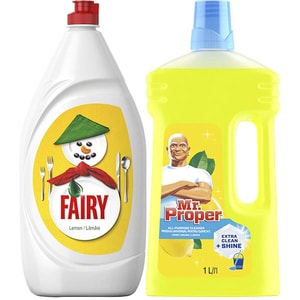 Pachet detergent de vase FAIRY Lemon, 1.3l + MR.PROPER Lemon, 1l