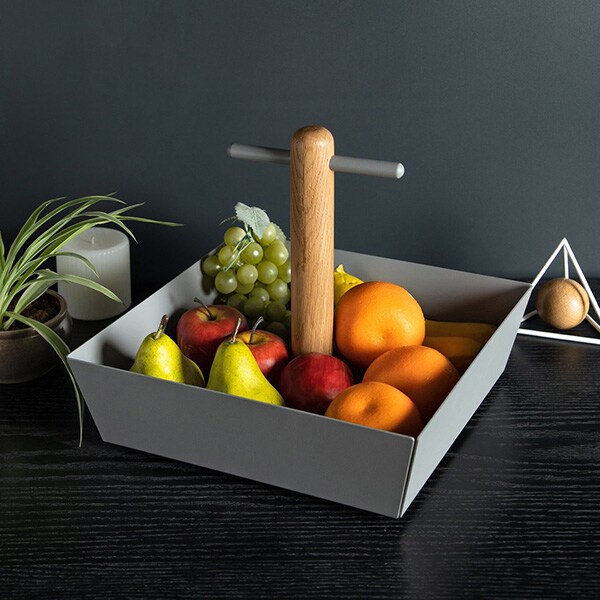 Tava fructe SPIN Cora, 28.2 x 28.2 cm, metal-lemn, gri cald