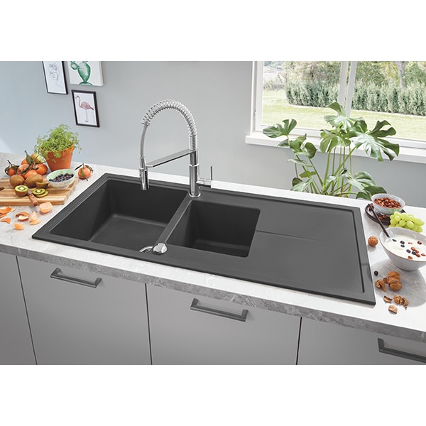 Chiuveta bucatarie GROHE K400 31643AP0, 2 cuve, picurator reversibil, compozit quartz, negru
