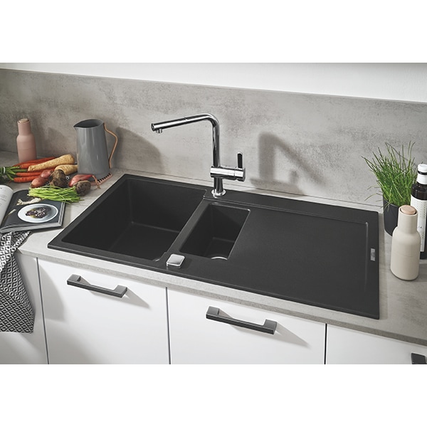 Chiuveta bucatarie GROHE K500 31646AP0, 1 1/2 cuve, picurator reversibil, compozit quartz, negru