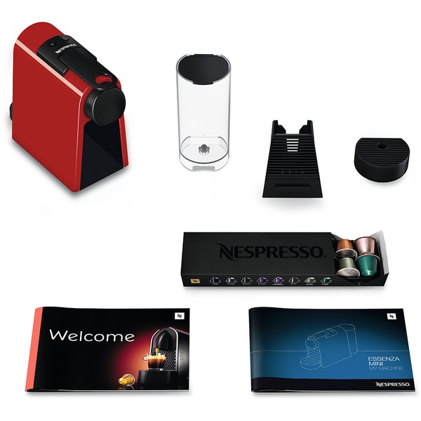 Pachet espressor capsule NESPRESSO Essenza Mini EN85.RAE, 0.6l, 1150W, 19 bar, rosu-negru