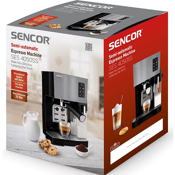Espressor manual SENCOR SES4050, 1.4l, 1450W, 20 bar, sistem Cappuccino, negru-argintiu