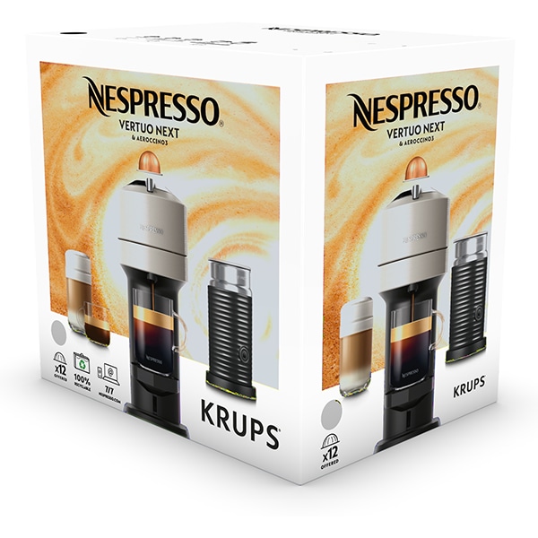 Pachet espressor capsule NESPRESSO Vertuo Next + Aparat spumare lapte Aeroccino XN911B10, 1.1l, 1500W, 19 bar, gri-negru