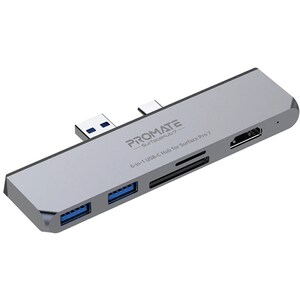 Hub USB PROMATE Surface-7, USB 3.0, USB-C, HDMI, SD, microSD, gri