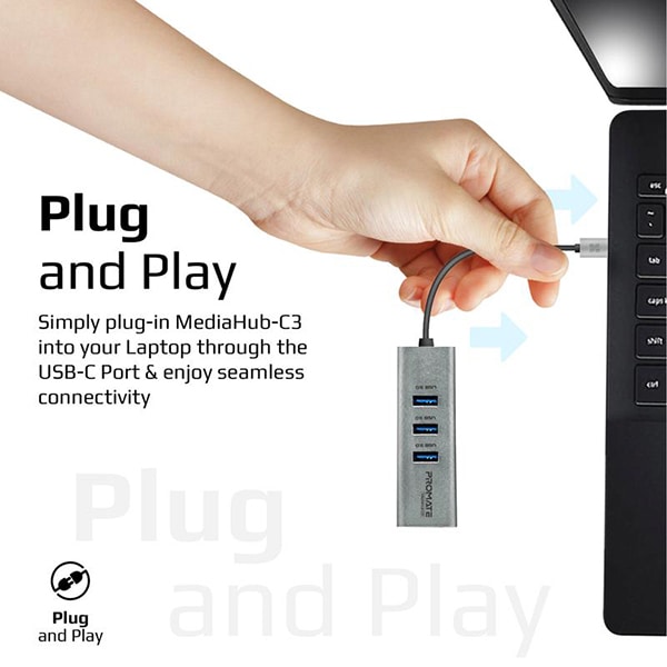 Hub USB Type-C PROMATE MEDIAHUB-C3, USB 3.0, HDMI, argintiu