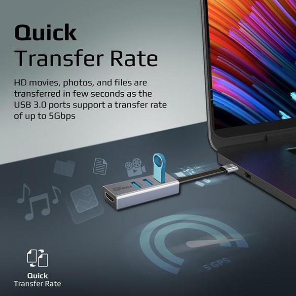 Hub USB Type-C PROMATE MEDIAHUB-C3, USB 3.0, HDMI, argintiu