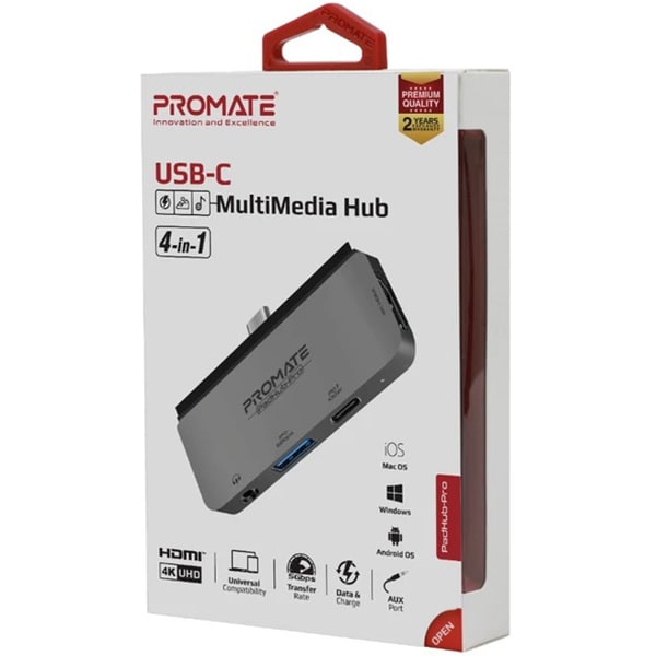 Hub USB PROMATE Padhub-Pro PD100W, USB 3.0, HDMI, Jack 3.5 mm, gri