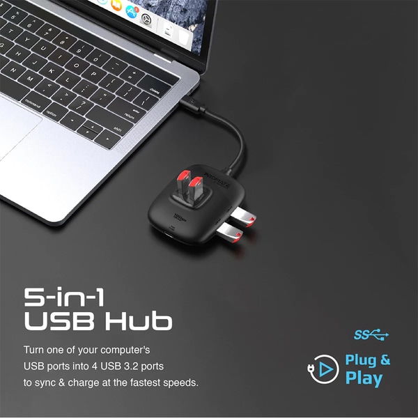 Hub USB PROMATE SnapHub-4, USB 3.2, negru