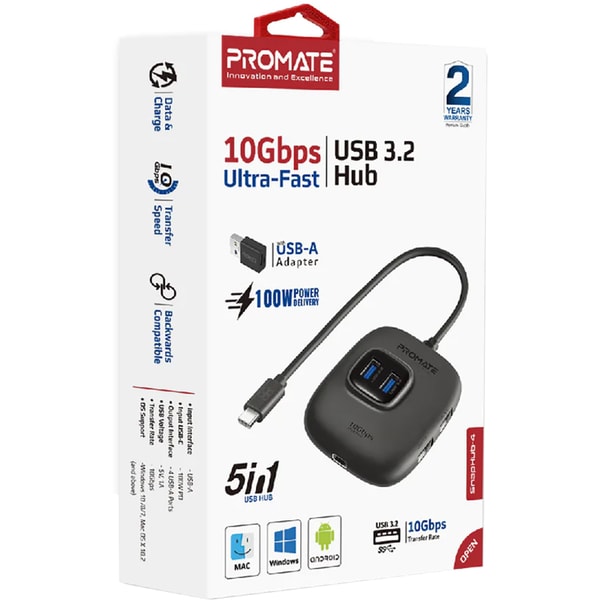 Hub USB PROMATE SnapHub-4, USB 3.2, negru