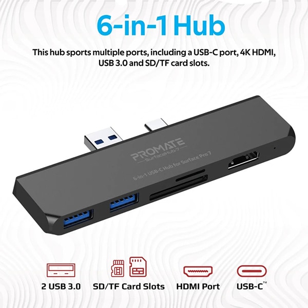 Hub USB PROMATE Surface-7, USB 3.0, USB-C, HDMI, SD, microSD, negru