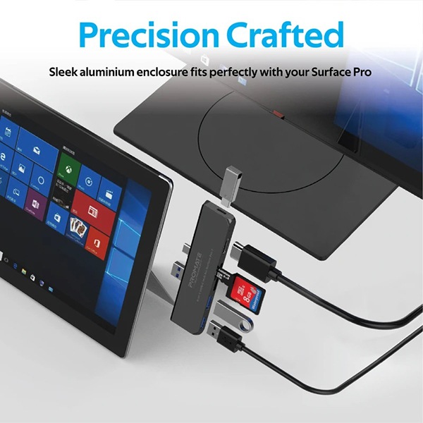 Hub USB PROMATE Surface-7, USB 3.0, USB-C, HDMI, SD, microSD, negru