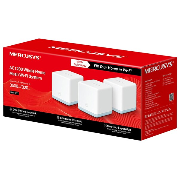 Sistem Wireless Mesh MERCUSYS Halo S12 AC1200, Dual-Band 300 + 867 Mbps, 3 Buc, alb