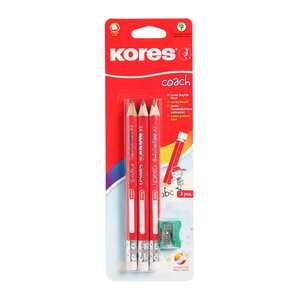 Set 3 creioane grafit KORES Coach + Ascutitoare, rosu