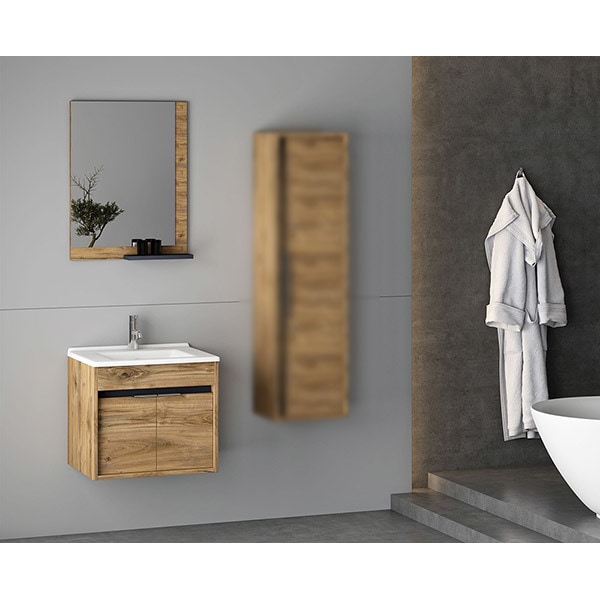 Set mobilier baie cu oglinda Kona, 55 x 45 x 195 cm, maro