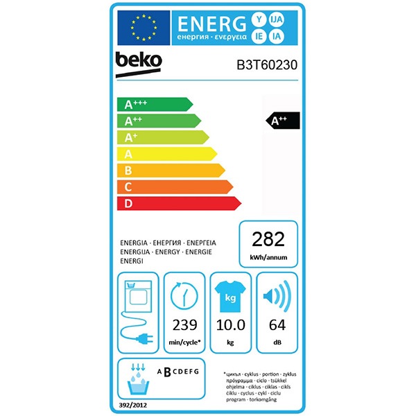 Uscator de rufe BEKO B3T60230, Pompa de caldura, 10kg, 15 programe, Clasa A++, alb