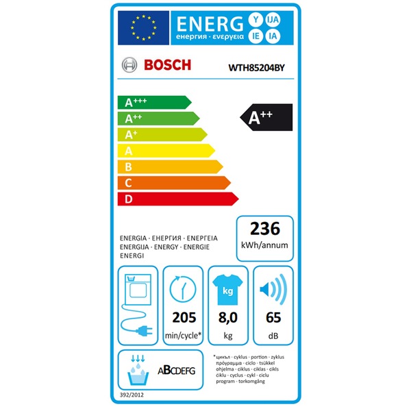 Uscator de rufe BOSCH WTH85204BY, Condensare si pompa de caldura, 8 kg, 16 programe, Clasa A++, alb
