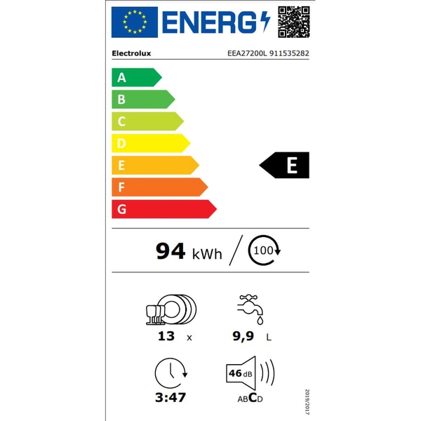 Masina de spalat vase incorporabila ELECTROLUX EEA27200L, 13 seturi, 6 programe, 60 cm, Clasa E, panou comanda negru
