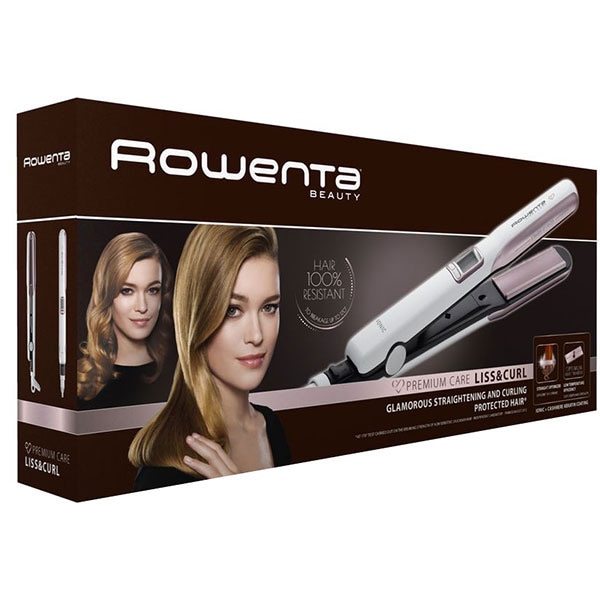 Placa de indreptat parul ROWENTA Premium Care Liss & Curl SF7660F0, 200 grade, LCD, invelis keratina, alb-roz