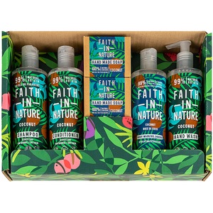 Set cadou FAITH IN NATURE Cocos: Sampon, 400ml + Balsam de par, 400ml + Gel de dus, 400ml + Sapun lichid, 400ml + Sapun, 100g, 2buc