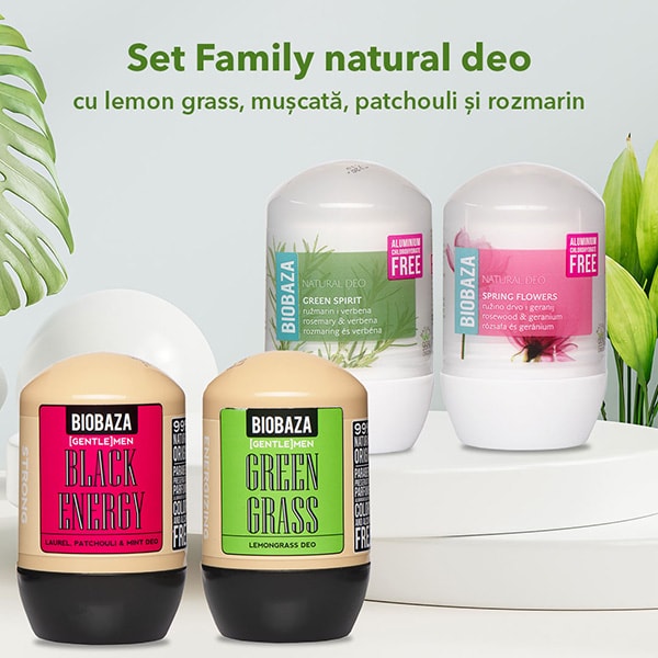 Pachet promo BIOBAZA Family: Deodorant Green Grass, 50ml + Deodorant Spring Flowers, 50ml + Deodorant Black Energy, 50ml + Deodorant Green Spirit, 50ml