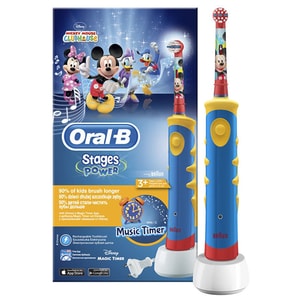Periuta de dinti electrica ORAL-B Mickey Mouse pentru copii, 5600 oscilatii/min, Curatare 2D, 1 program, 1 capat, Cronometru muzical, rosu-albastru