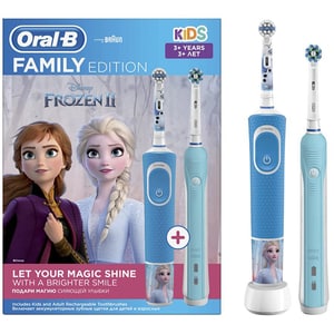 Set 2 Periute de dinti electrice ORAL-B Family Edition, 40.000 pulsatii/min, 1 program, 2 capete, albastru + Periuta de dinti electrica pentru copii ORAL-B Frozen