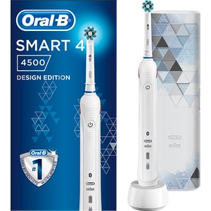 Periuta de dinti electrica ORAL-B Smart 4 Design Edition Cross Action 4500, Bluetooth, 40000 pulsatii/min, Curatare 3D, 3 programe, 1 capat, alb + Etui calatorie